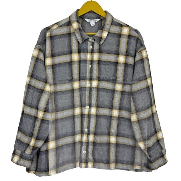 Old Navy XXL The Boyfriend Shirt Flannel Plaid Shacket Button Down Gray Relaxed - Picture 2 of 7